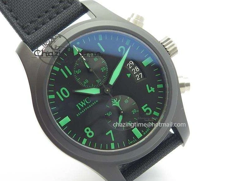 MIROTIME 0128 Pilot Chrono IW388003 Real Ceramic V6F Best Edition Green Markers On Black Nylon Strap A Effortless 7283